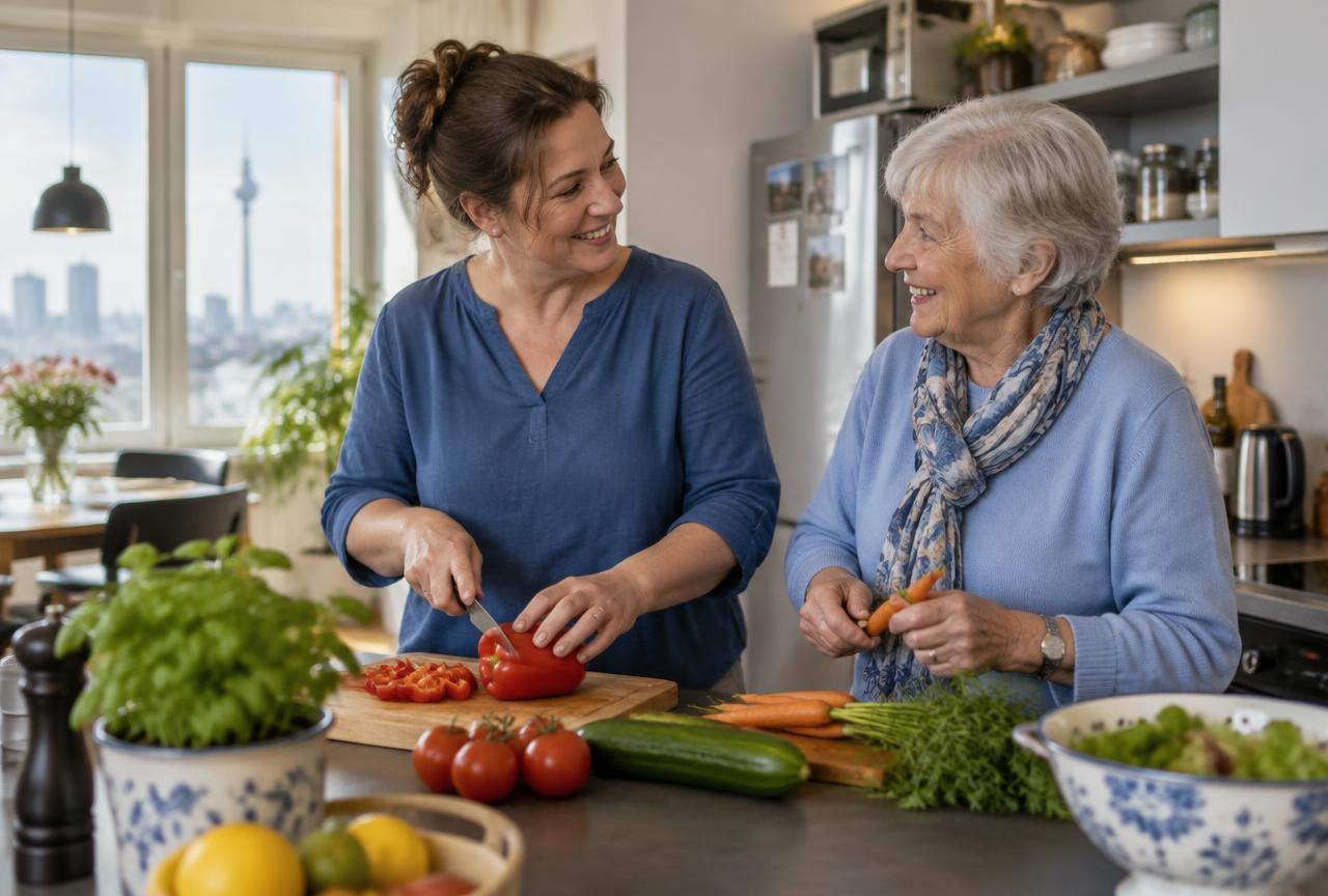 Alltagsbegleiterin und ältere Kundin kochen gemeinsam