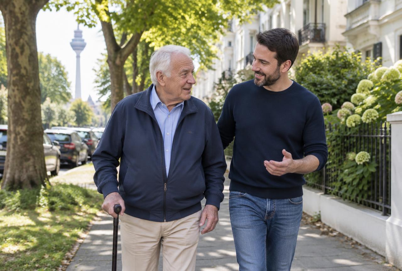 Alltagsbegleiter und älterer Kunde bei einem Spaziergang